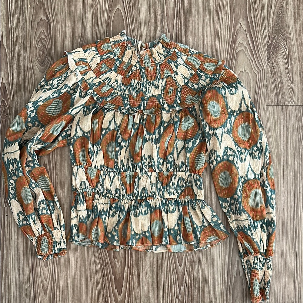 Ulla Johnson Green and Orange Smocked Peplum Blouse